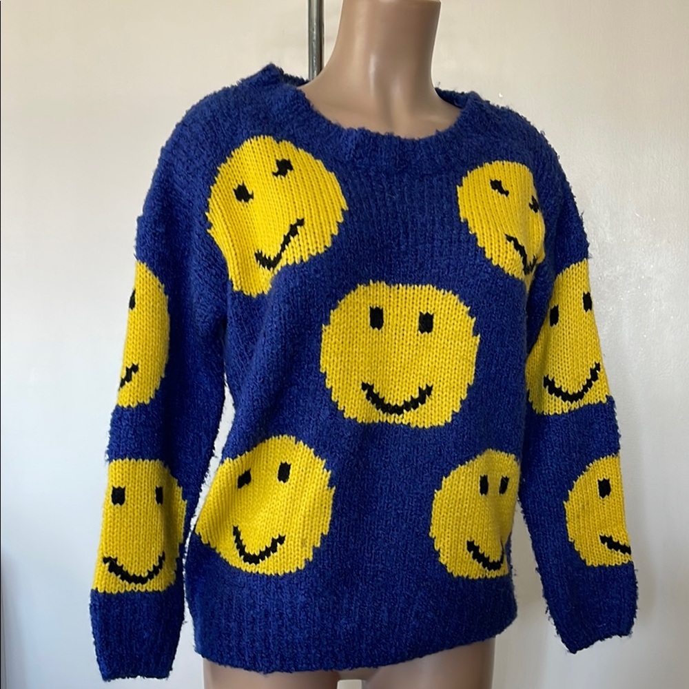 VINTAGE Women's Navy Blue Smiley Face Knit Sweater